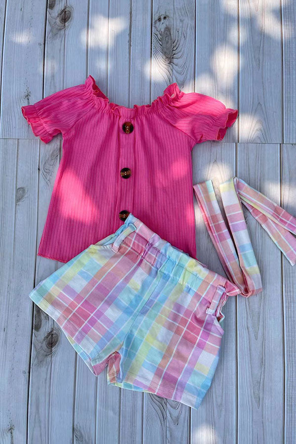 Shop Pink ribbed knitted fabric top & plaid shorts 2pc girls sets DLH2867 (A4S2)