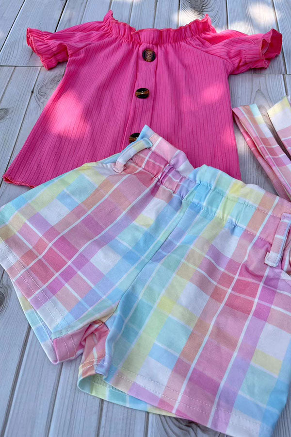 Shop Pink ribbed knitted fabric top & plaid shorts 2pc girls sets DLH2867 (A4S2)