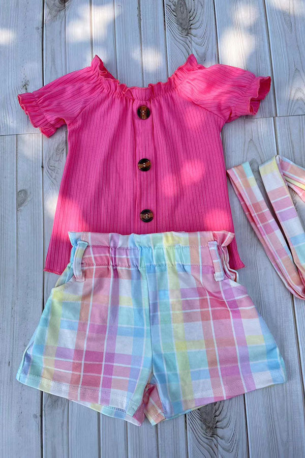 Shop Pink ribbed knitted fabric top & plaid shorts 2pc girls sets DLH2867 (A4S2)
