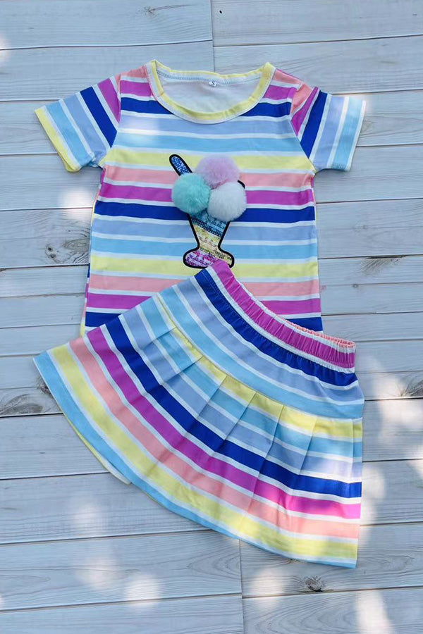 Shop Multi color striped top & pompoms & skirt 2pcs girls sets DLH2872 (A9S1)
