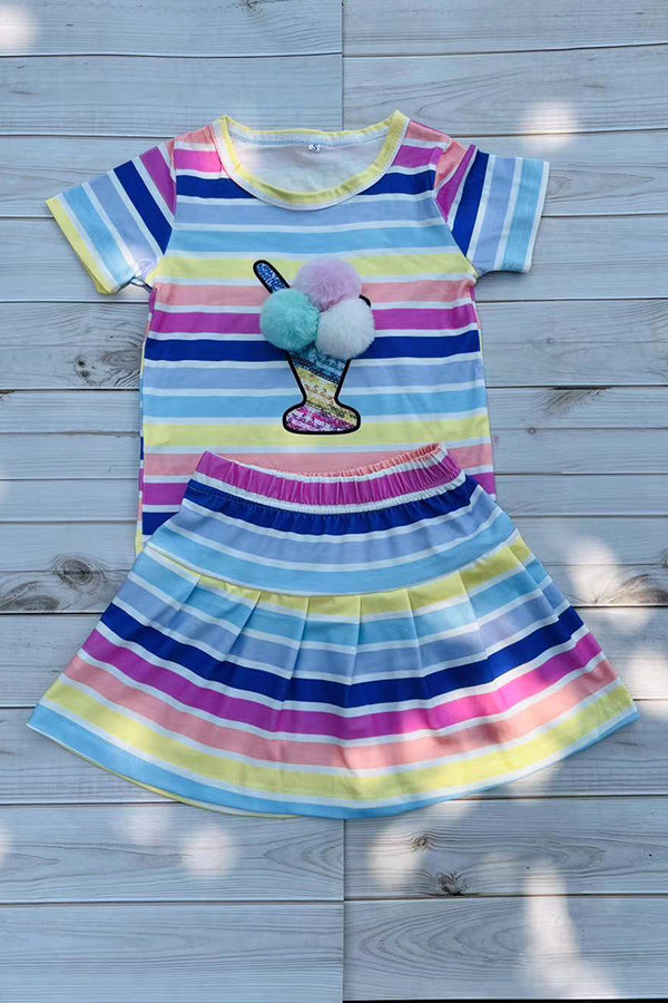 Shop Multi color striped top & pompoms & skirt 2pcs girls sets DLH2872 (A9S1)