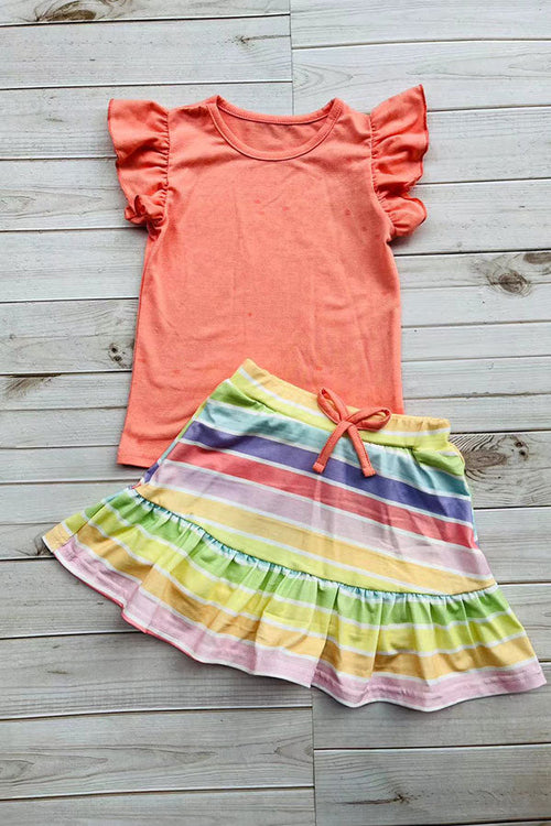 Buy Coral flutter short sleeves top & striped shorts 2pc girls sets DLH2879 (A4S1)