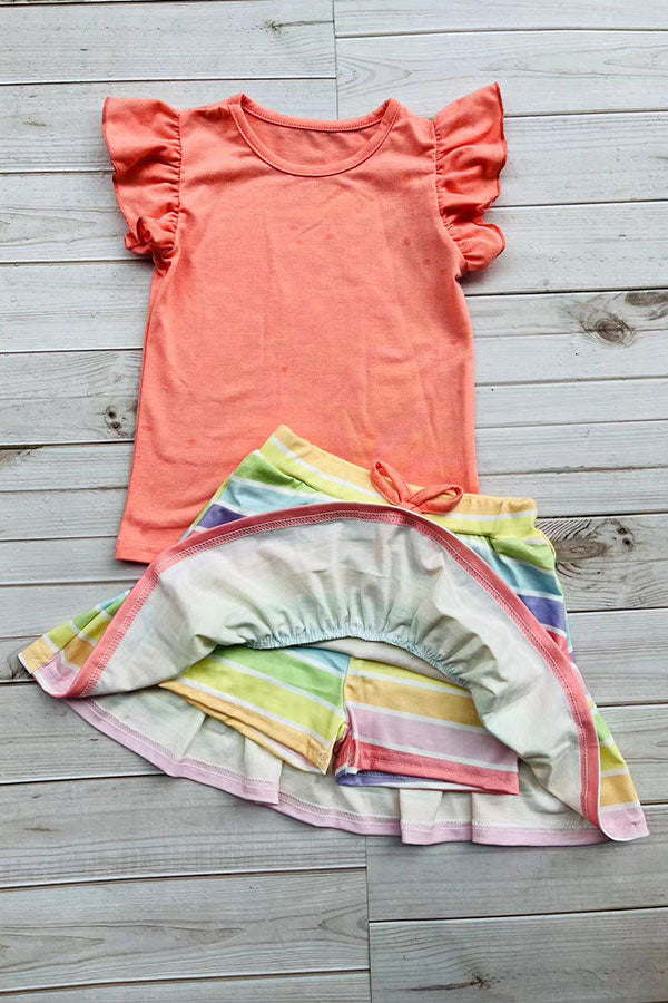 Buy Coral flutter short sleeves top & striped shorts 2pc girls sets DLH2879 (A4S1)