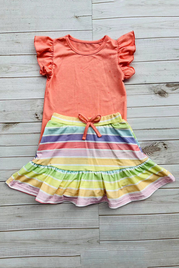 Buy Coral flutter short sleeves top & striped shorts 2pc girls sets DLH2879 (A4S1)
