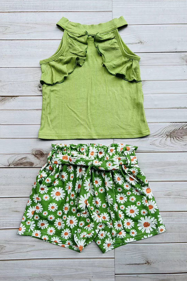 Green ribbed knitted fabric halter top & floral printed shorts 3pcs girls sets DLH2880 (A4S2)