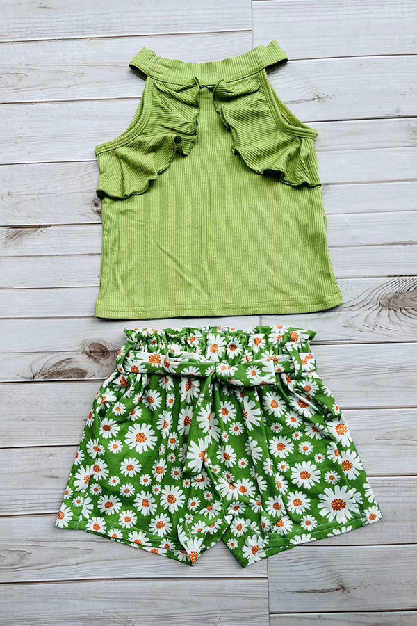 Green ribbed knitted fabric halter top & floral printed shorts 3pcs girls sets DLH2880 (A4S2)