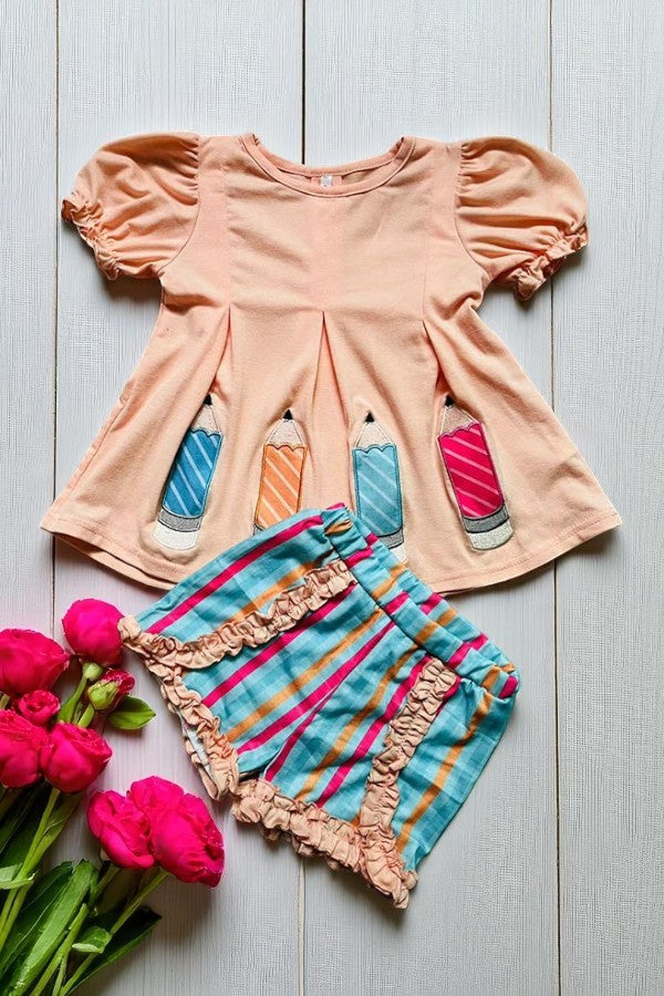 Back to school pensils embroidery top & ruffle striped shorts 2pcs girls sets DLH2845 (A8S8)