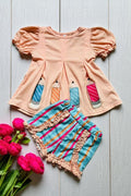 Back to school pensils embroidery top & ruffle striped shorts 2pcs girls sets DLH2845 (A8S8)