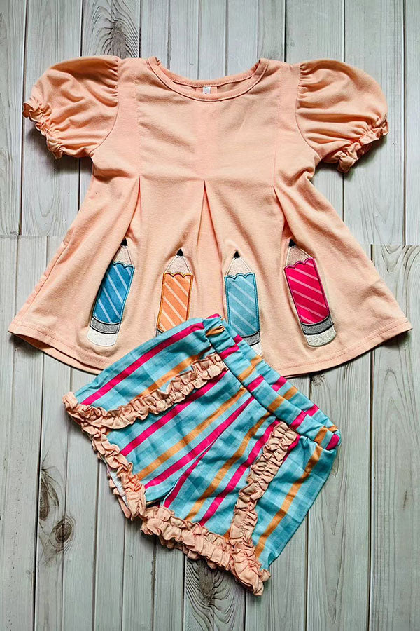 Back to school pensils embroidery top & ruffle striped shorts 2pcs girls sets DLH2845 (A8S8)