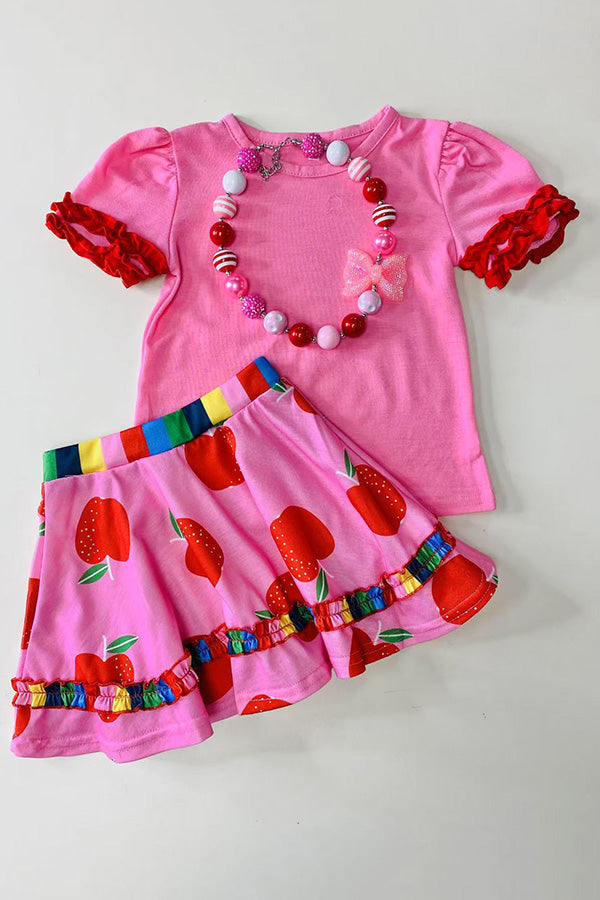 Back to school pink short sleeve top & apples printed skirt 2pcs girls sets DLH2850 (A4S1)