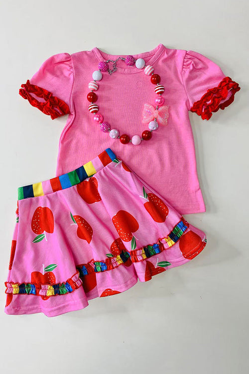 Back to school pink short sleeve top & apples printed skirt 2pcs girls sets DLH2850 (A4S1)