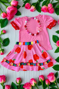 Back to school pink short sleeve top & apples printed skirt 2pcs girls sets DLH2850 (A4S1)