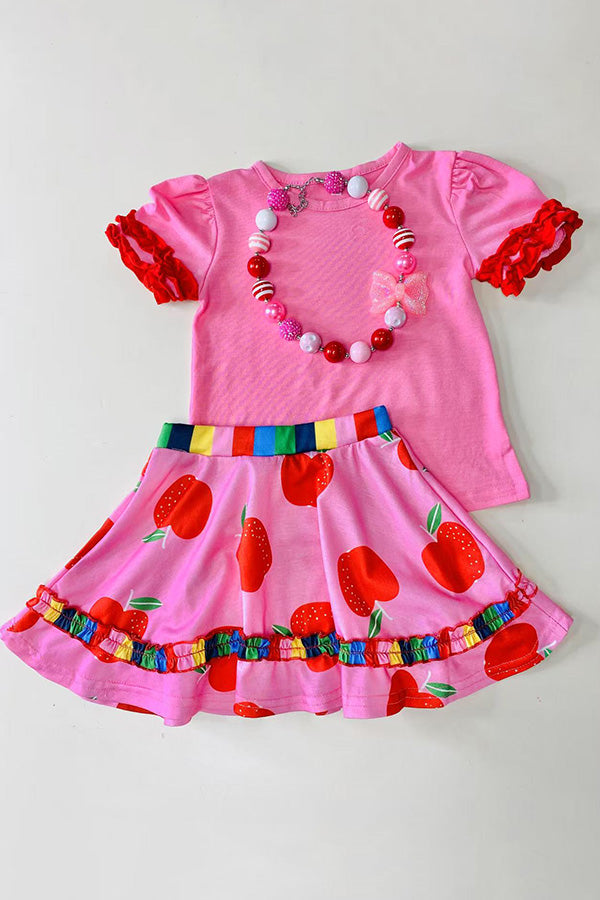 Back to school pink short sleeve top & apples printed skirt 2pcs girls sets DLH2850 (A4S1)