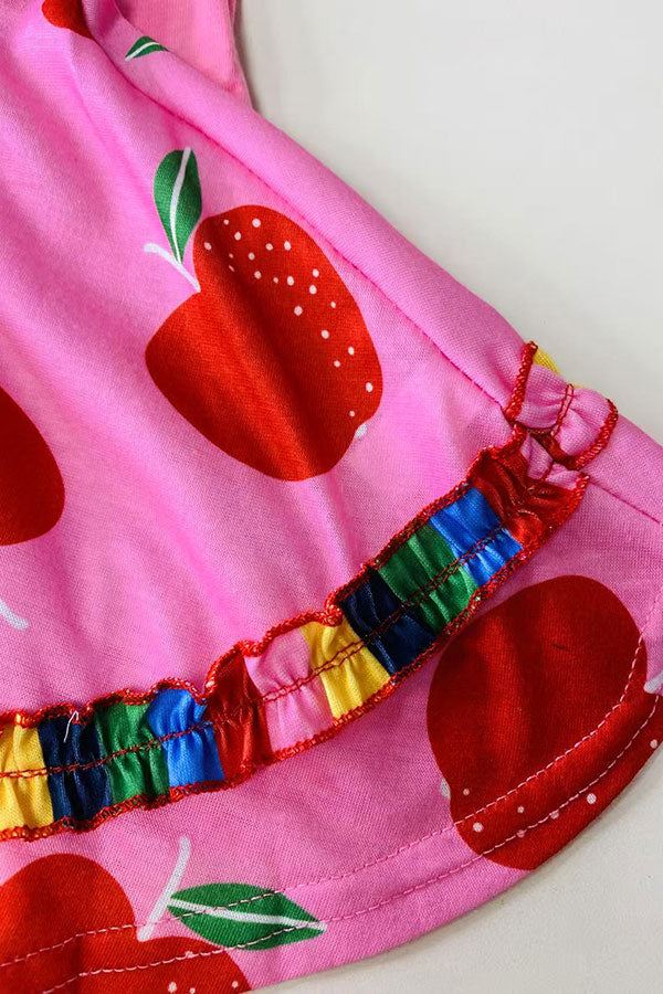 Back to school pink short sleeve top & apples printed skirt 2pcs girls sets DLH2850 (A4S1)