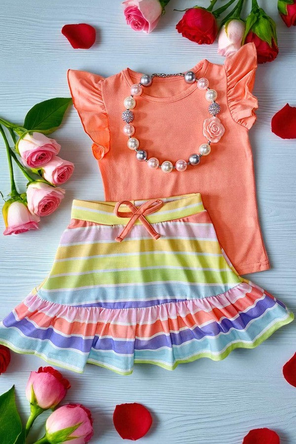 Buy Coral flutter short sleeves top & striped shorts 2pc girls sets DLH2879 (A4S1)