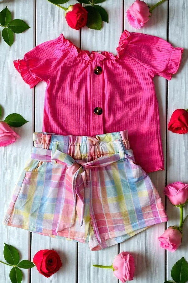 Shop Pink ribbed knitted fabric top & plaid shorts 2pc girls sets DLH2867 (A4S2)