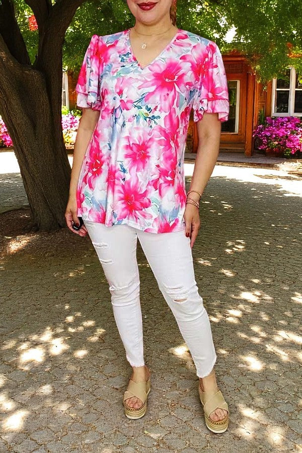 Buy Fuchsia floral prints & short sleeve women blouse w/double ruffle GJQ15934 FS9