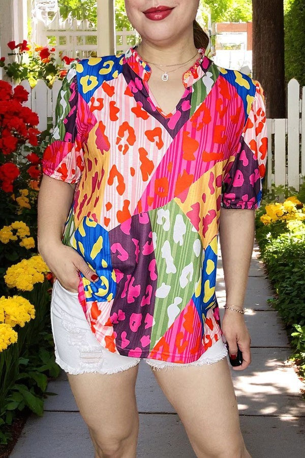 Multi color leopard prints & short sleeve women blouse V-neckline GJQ16134 GS2