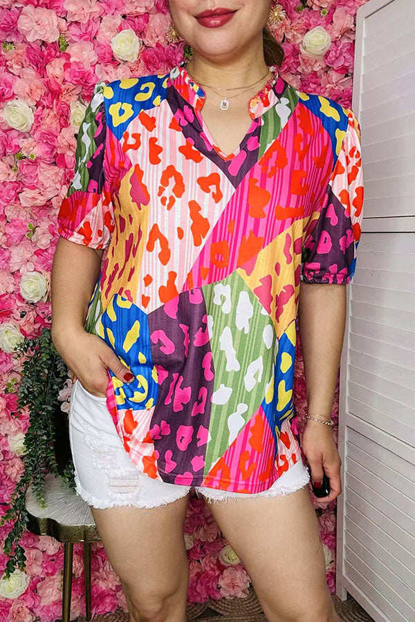 Multi color leopard prints & short sleeve women blouse V-neckline GJQ16134 GS2