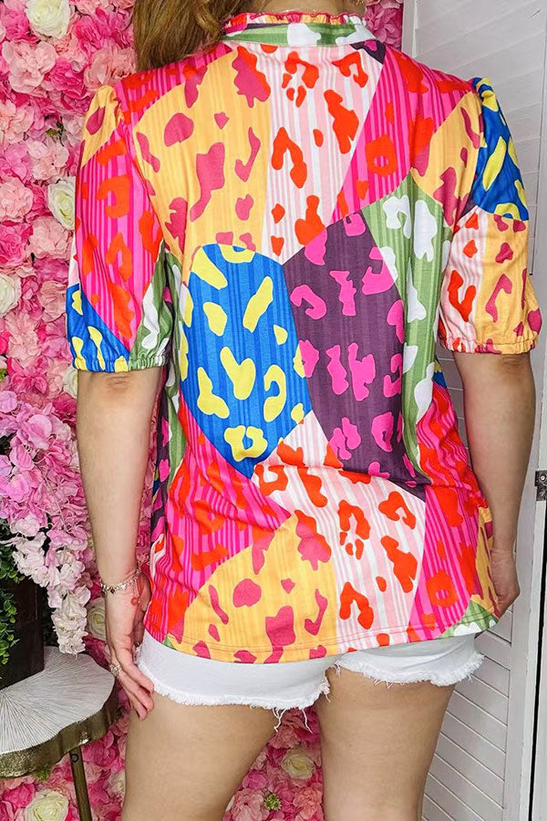 Multi color leopard prints & short sleeve women blouse V-neckline GJQ16134 GS2