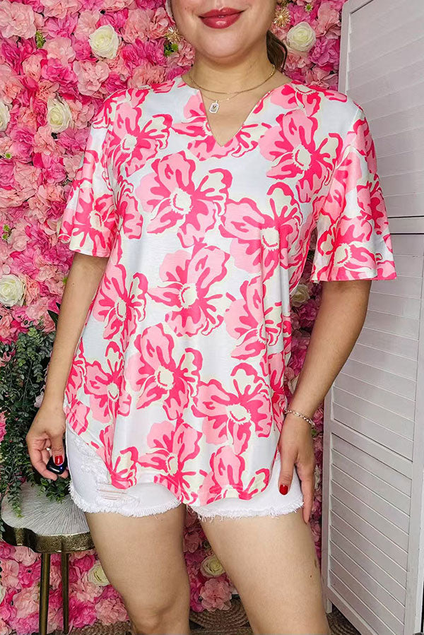 Women's clothing distributor Pink flower prints bell short sleeve top GJQ16151 FS1
