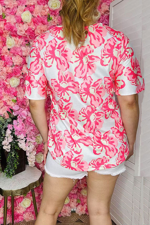 Women's clothing distributor Pink flower prints bell short sleeve top GJQ16151 FS1