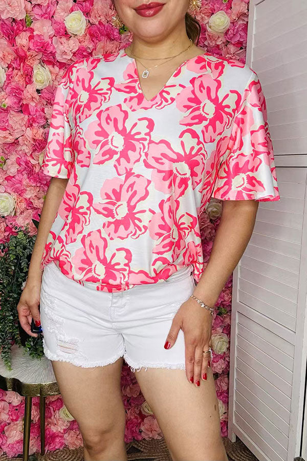 Women's clothing distributor Pink flower prints bell short sleeve top GJQ16151 FS1