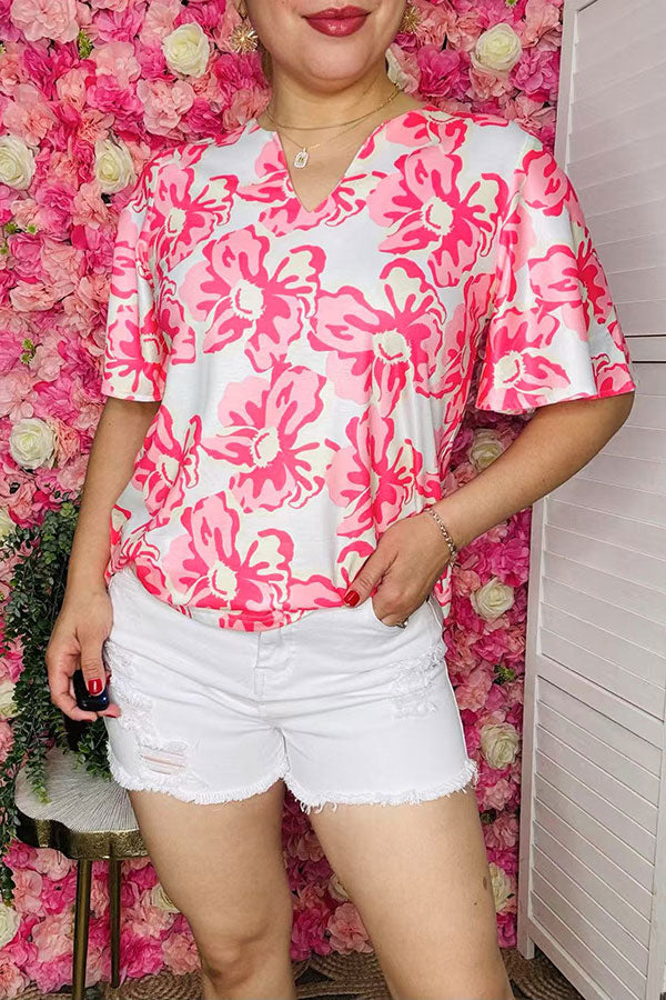 Women's clothing distributor Pink flower prints bell short sleeve top GJQ16151 FS1