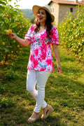 Buy Fuchsia floral prints & short sleeve women blouse w/double ruffle GJQ15934 FS9
