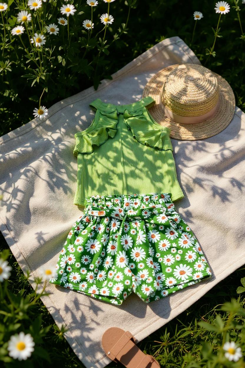 Green ribbed knitted fabric halter top & floral printed shorts 3pcs girls sets DLH2880 (A4S2)